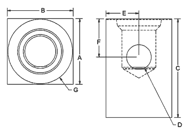 Square female SAE O-Ring port 90° to barrel with passage parallel to barrel line drawing