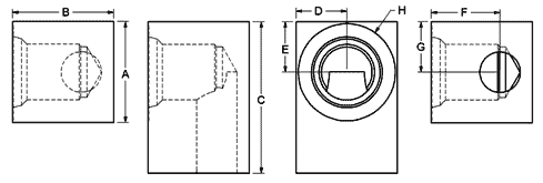Square female SAE O-Ring port parallel to barrel with passage 90° to barrel line drawing
